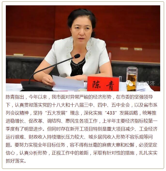 陳青在市政府全體會(huì)議上強(qiáng)調(diào)：緊盯一個(gè)目標(biāo)抓好九大任務(wù)落實(shí)強(qiáng)化三項(xiàng)保障，確保全市經(jīng)濟(jì)社會(huì)持續(xù)快速發(fā)展